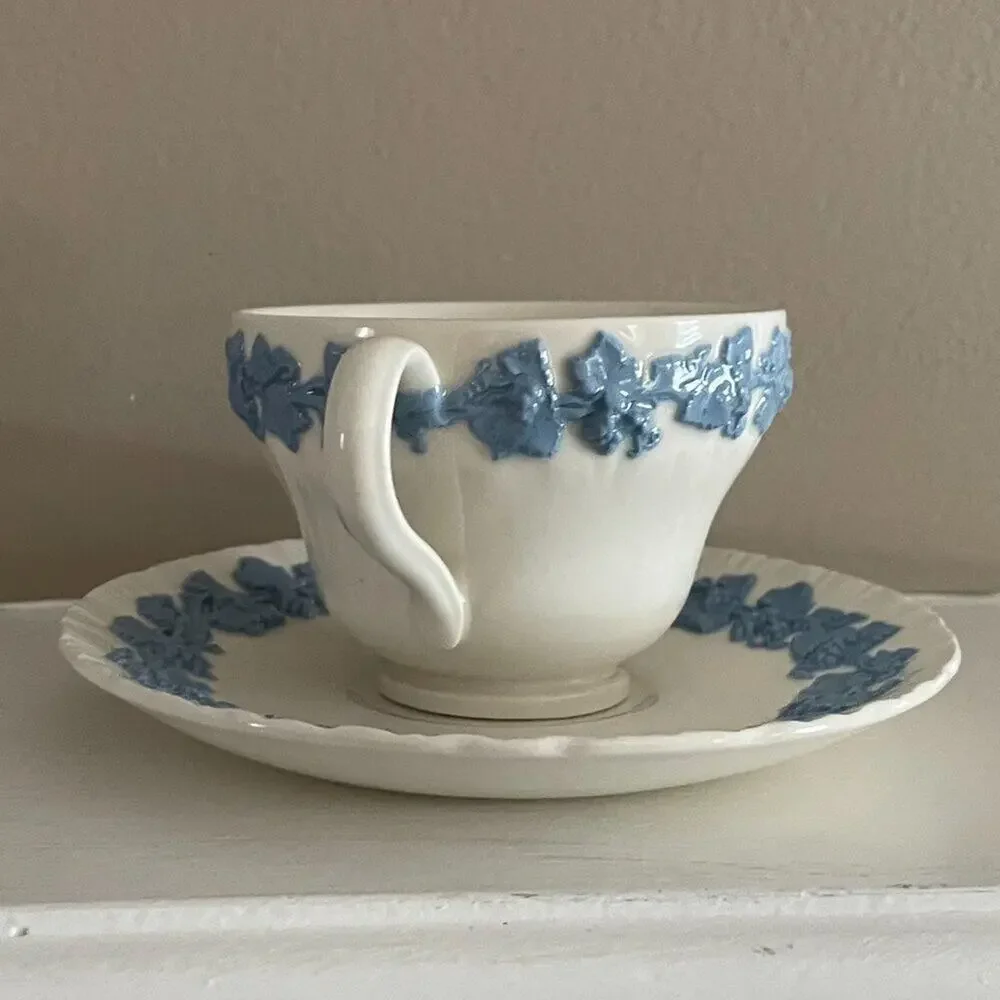 VTG Wedgwood Queensware Embossed Teacup & Saucer White, Blue, Grape, Vines